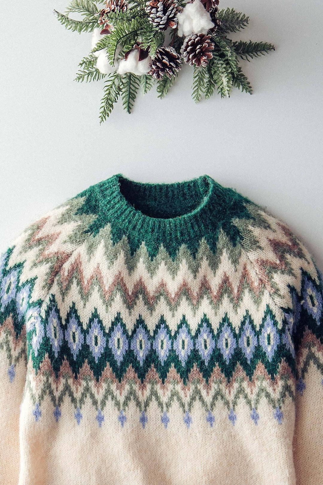 premium wool blend fair isle knit pattern sweater - green multi (additional view)