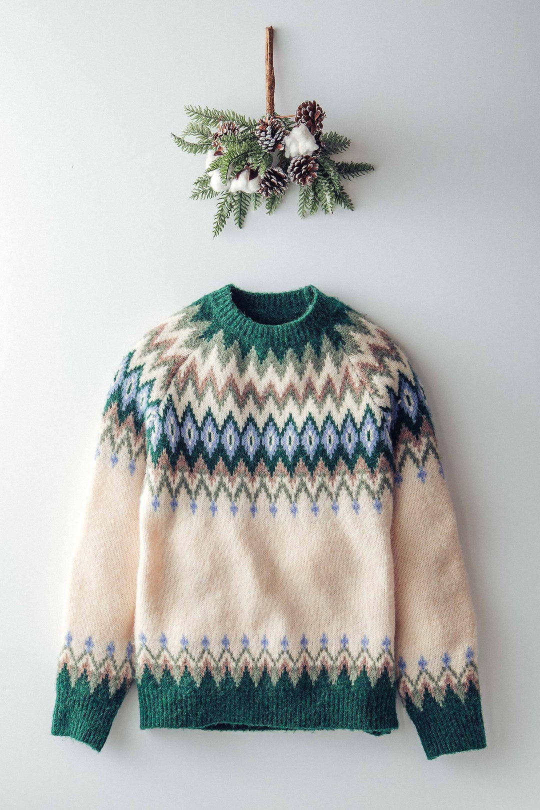 premium wool blend fair isle knit pattern sweater - green multi (additional view)