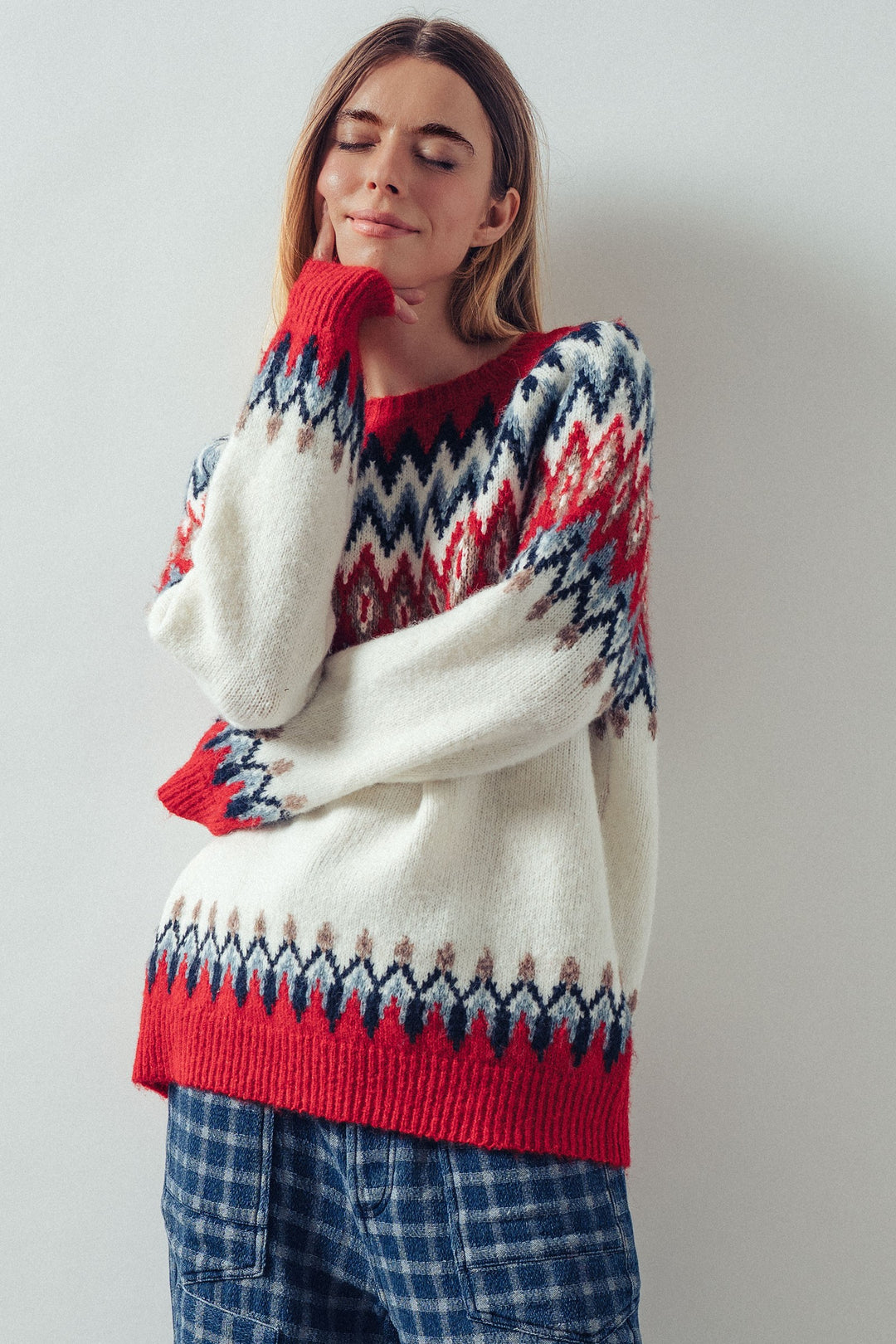 premium wool blend fair isle knit pattern sweater - red multi (additional view)