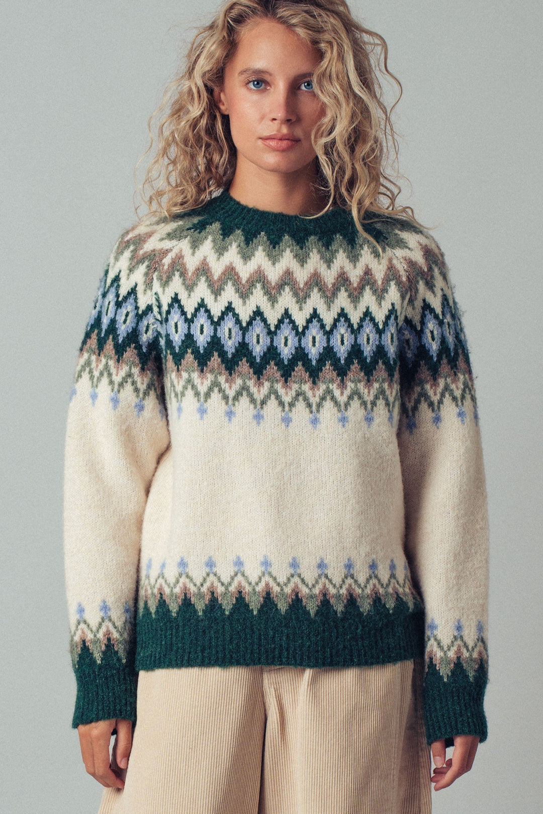 premium wool blend fair isle knit pattern sweater - green multi