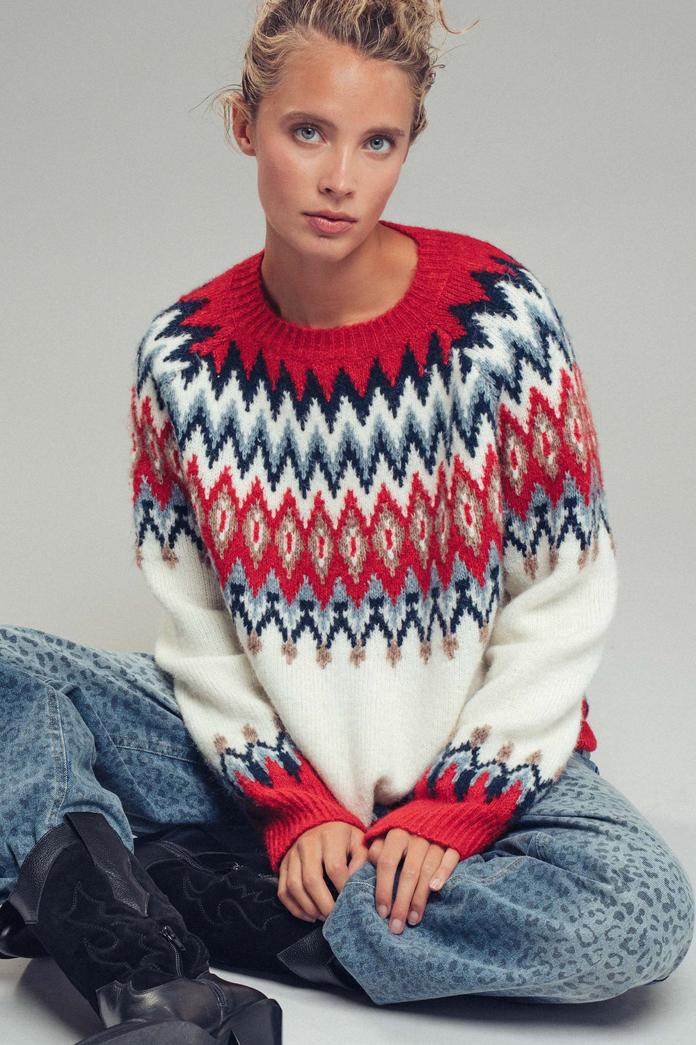 premium wool blend fair isle knit pattern sweater - red multi