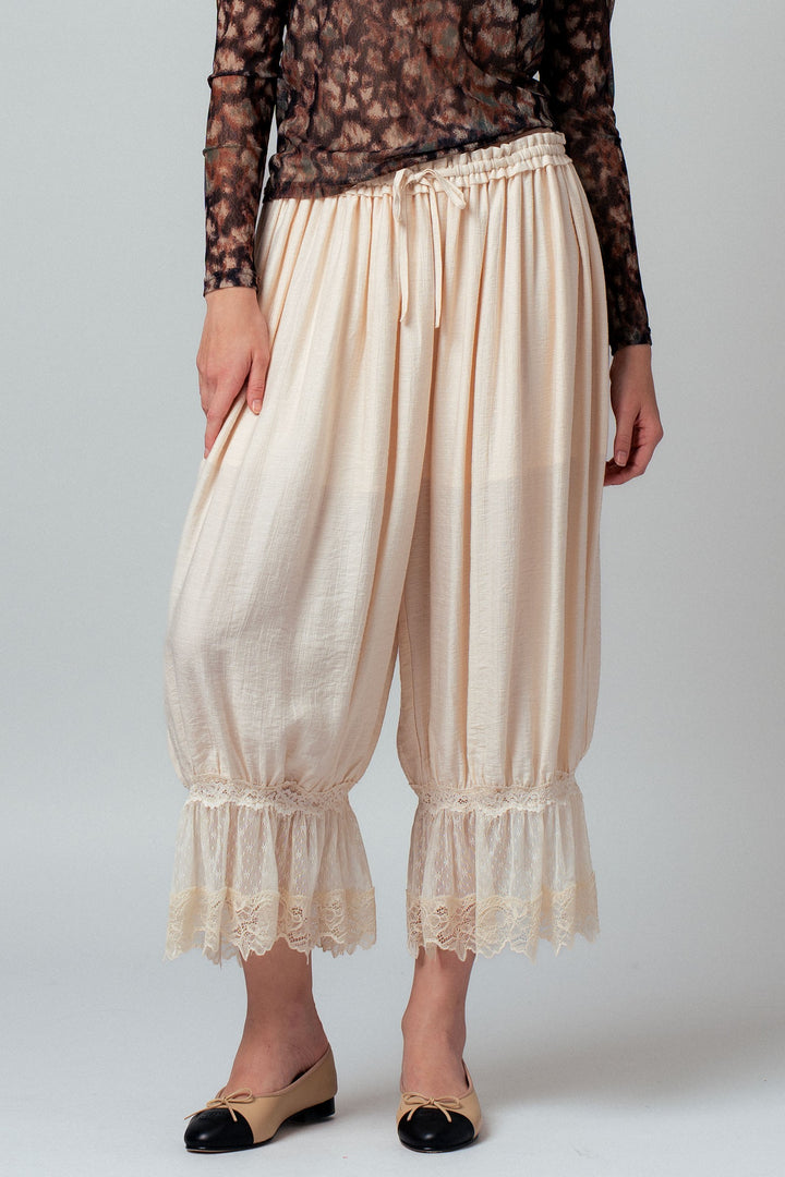 boho lace trim summer linen pants - ivory