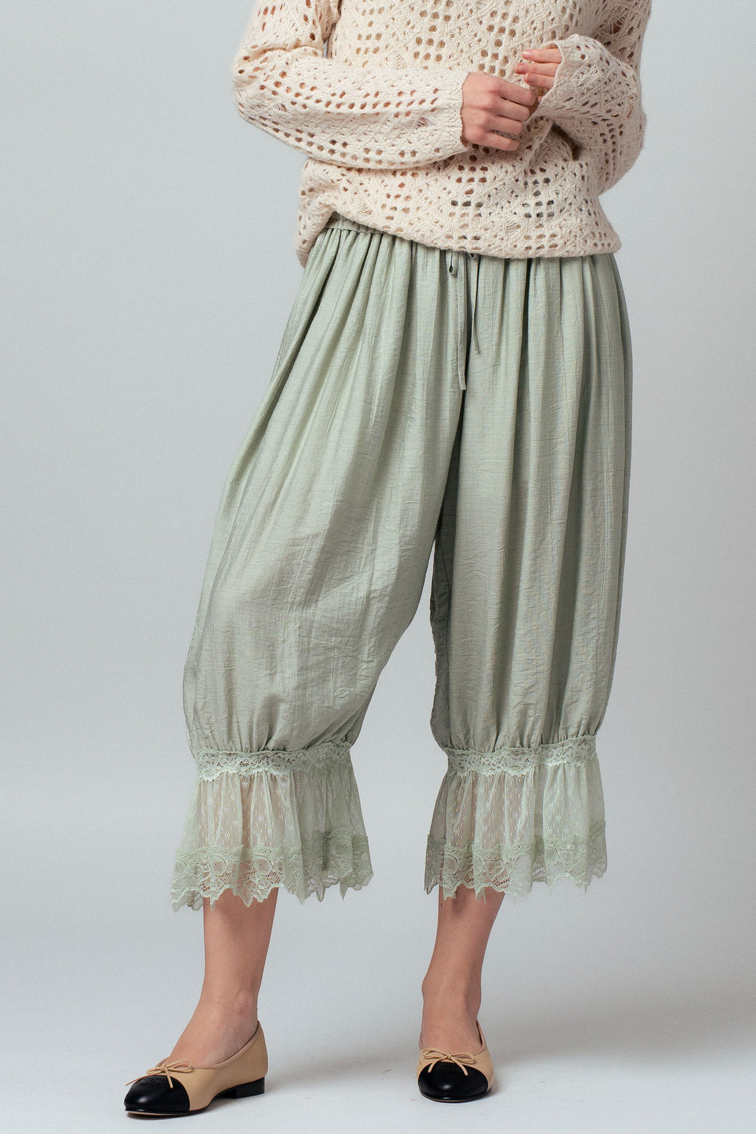 boho lace trim summer linen pants - sage