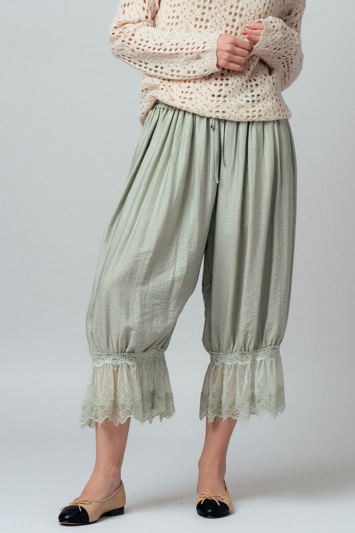 boho lace trim summer linen pants - sage