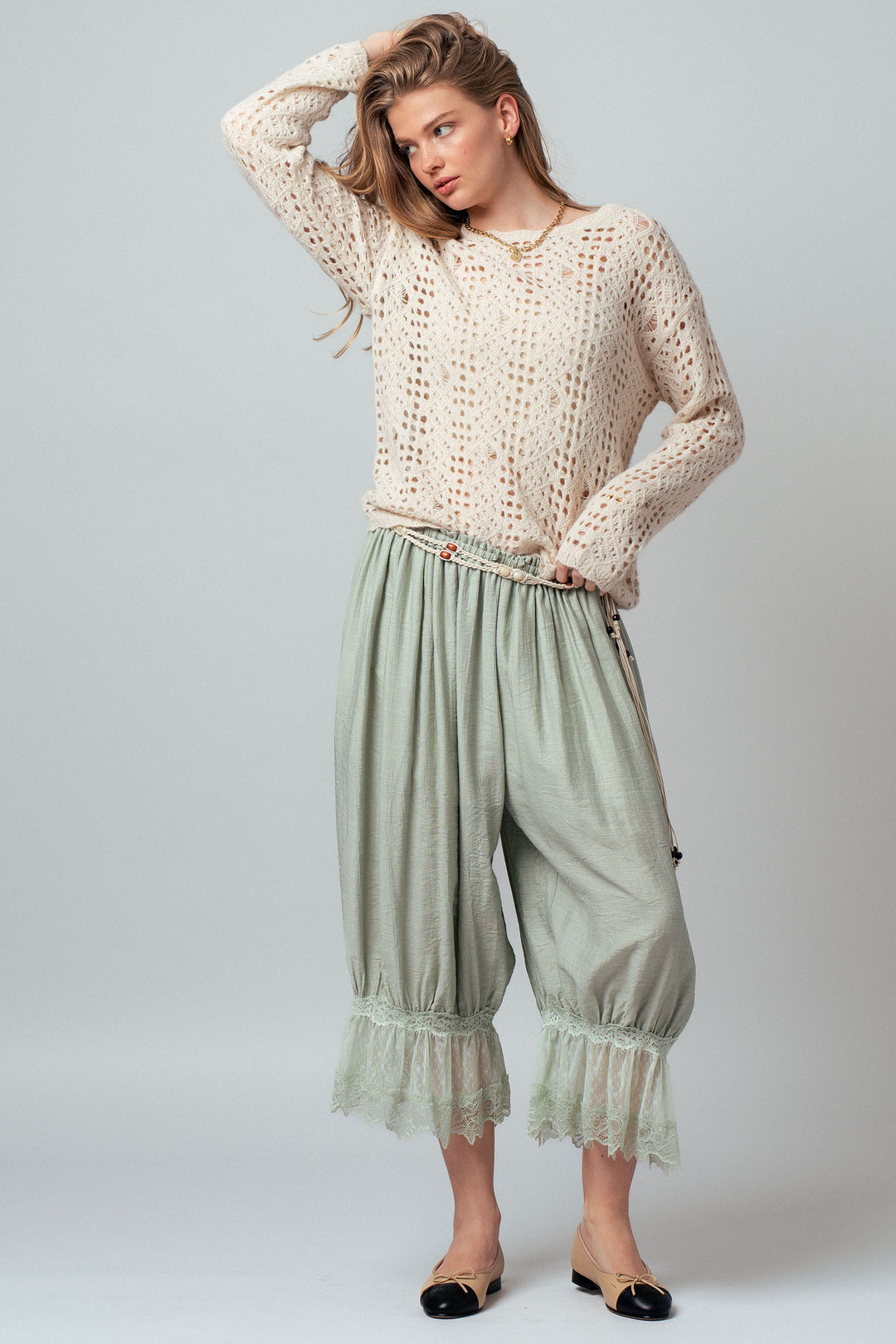 boho lace trim summer linen pants - sage (additional view)