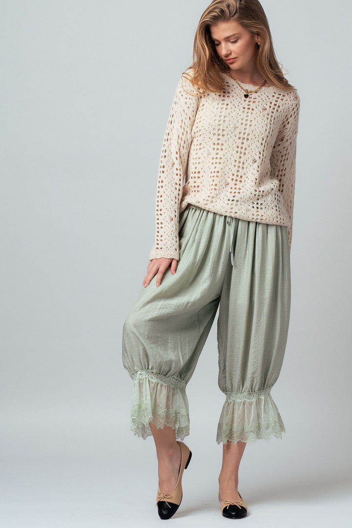 boho lace trim summer linen pants - sage (additional view)
