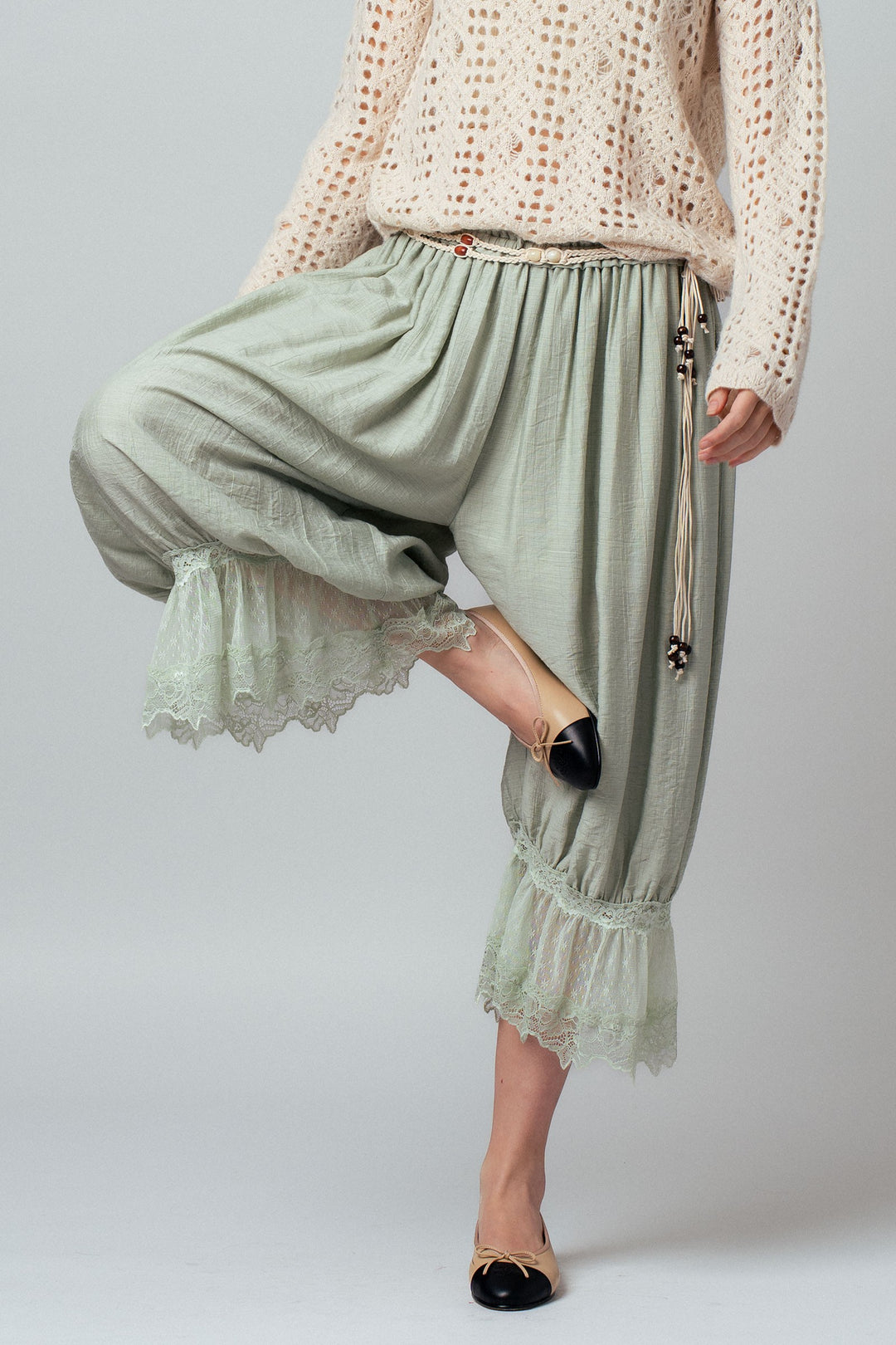 boho lace trim summer linen pants - sage (additional view)
