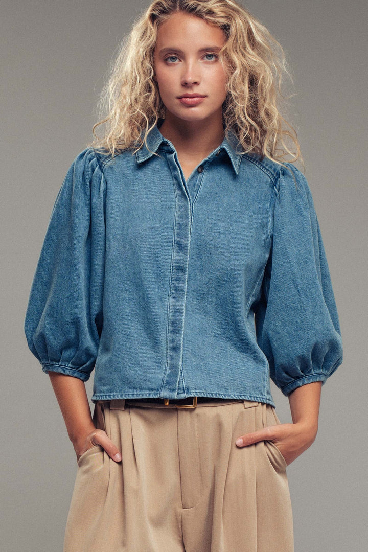 Puff Sleeve Button-Up Denim Blouse for Women