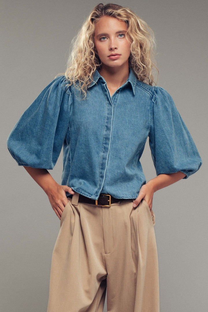 Puff Sleeve Button-Up Denim Blouse for Women