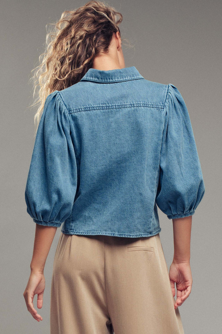 Puff Sleeve Button-Up Denim Blouse for Women