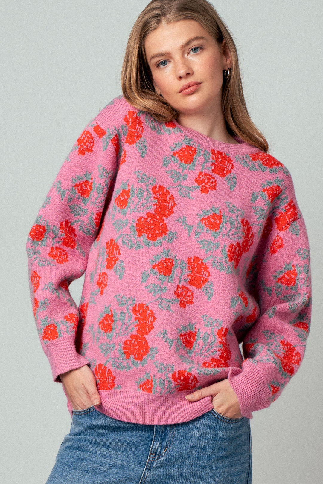 jacquard knit sweater - pink red