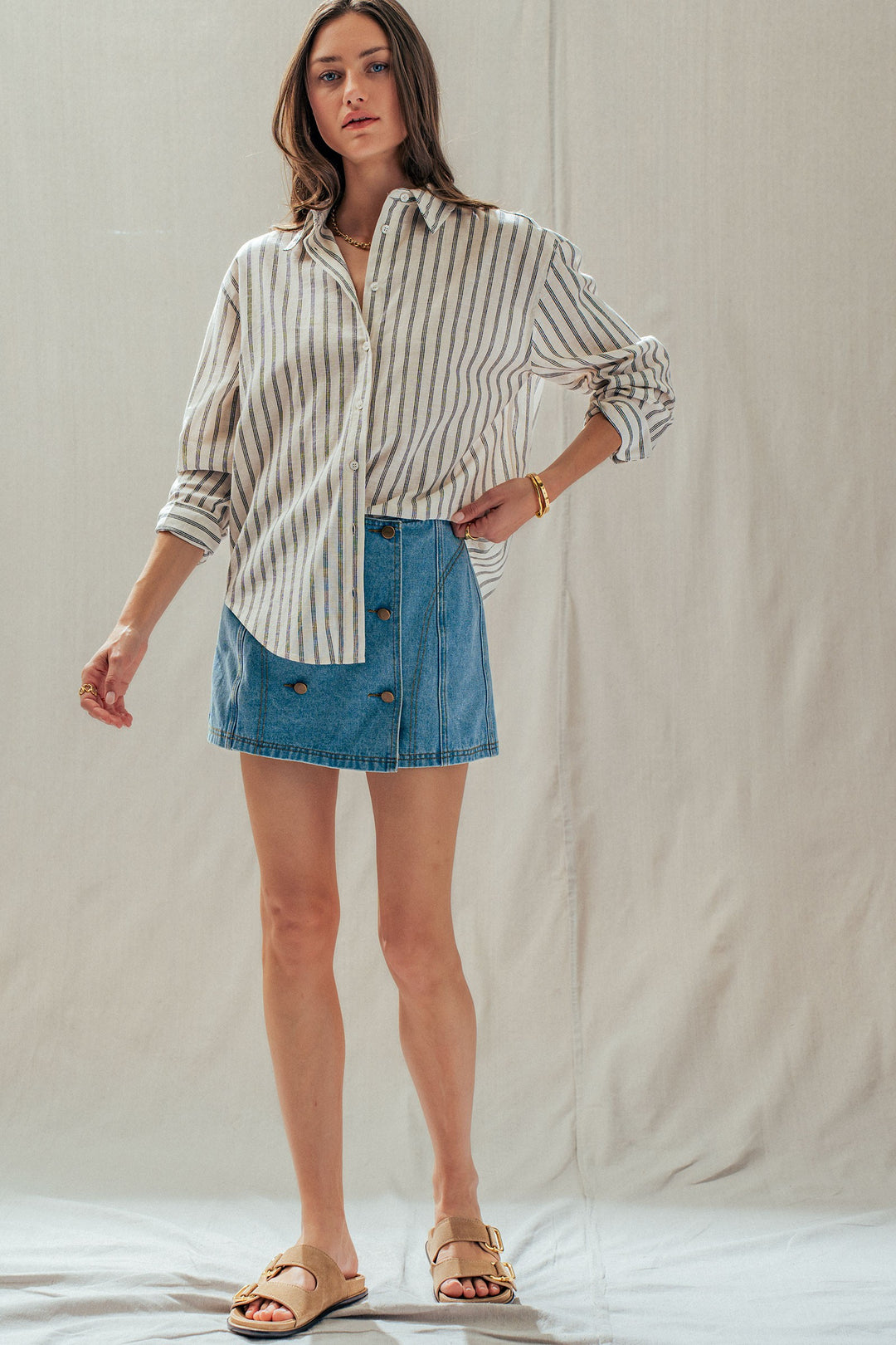 linen stripe button up shirt - natural (additional view)