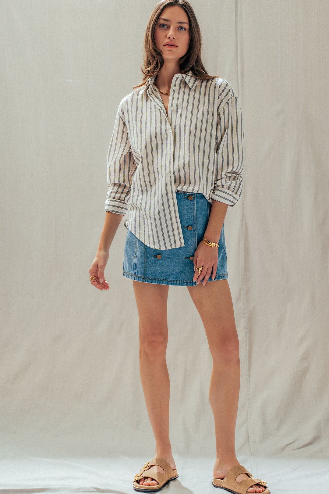 linen stripe button up shirt - natural (additional view)
