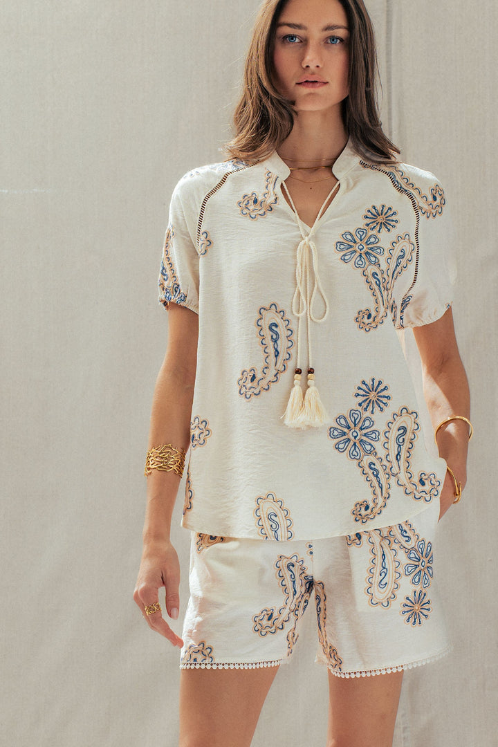 embroidered linen tassel paisley top - ivory blue