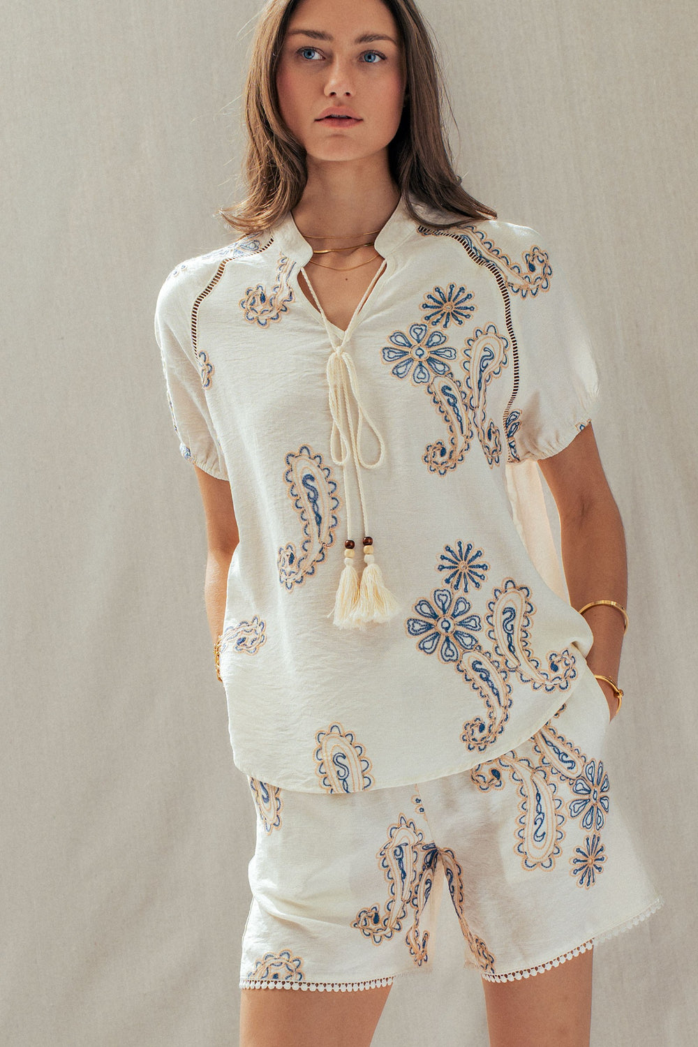 embroidered linen tassel paisley top - ivory blue (additional view)