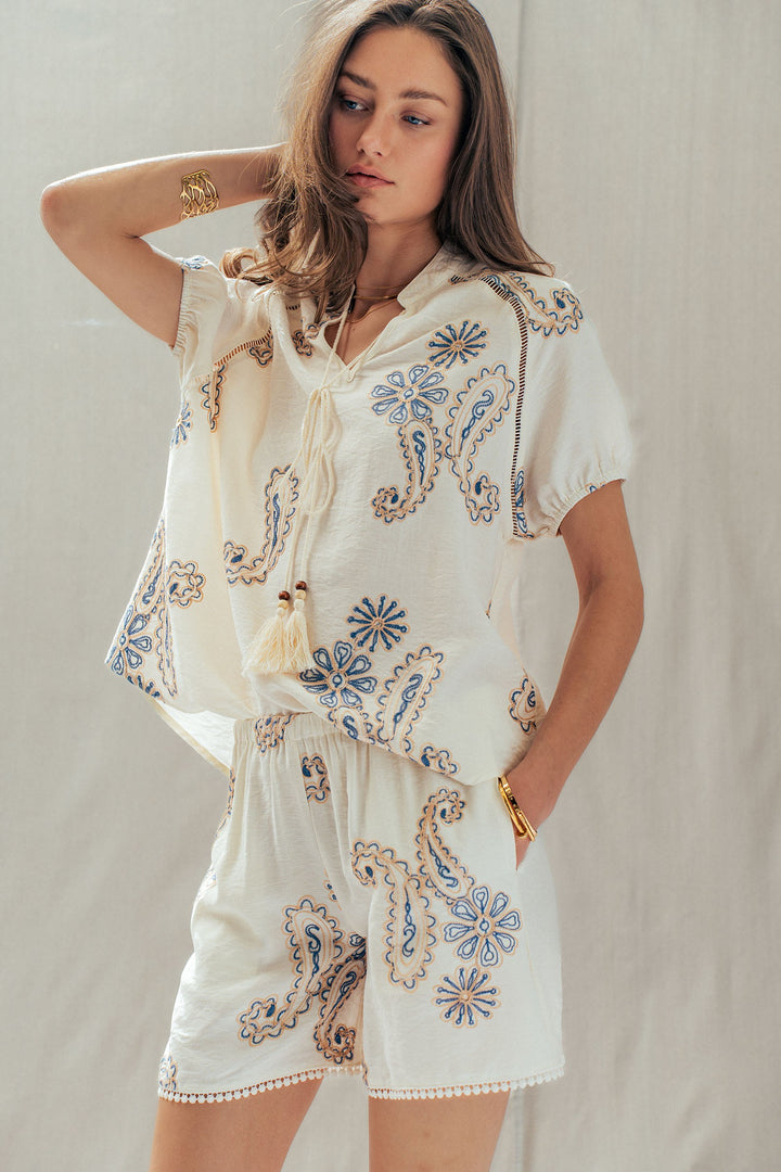 embroidered linen tassel paisley top - ivory blue (additional view)