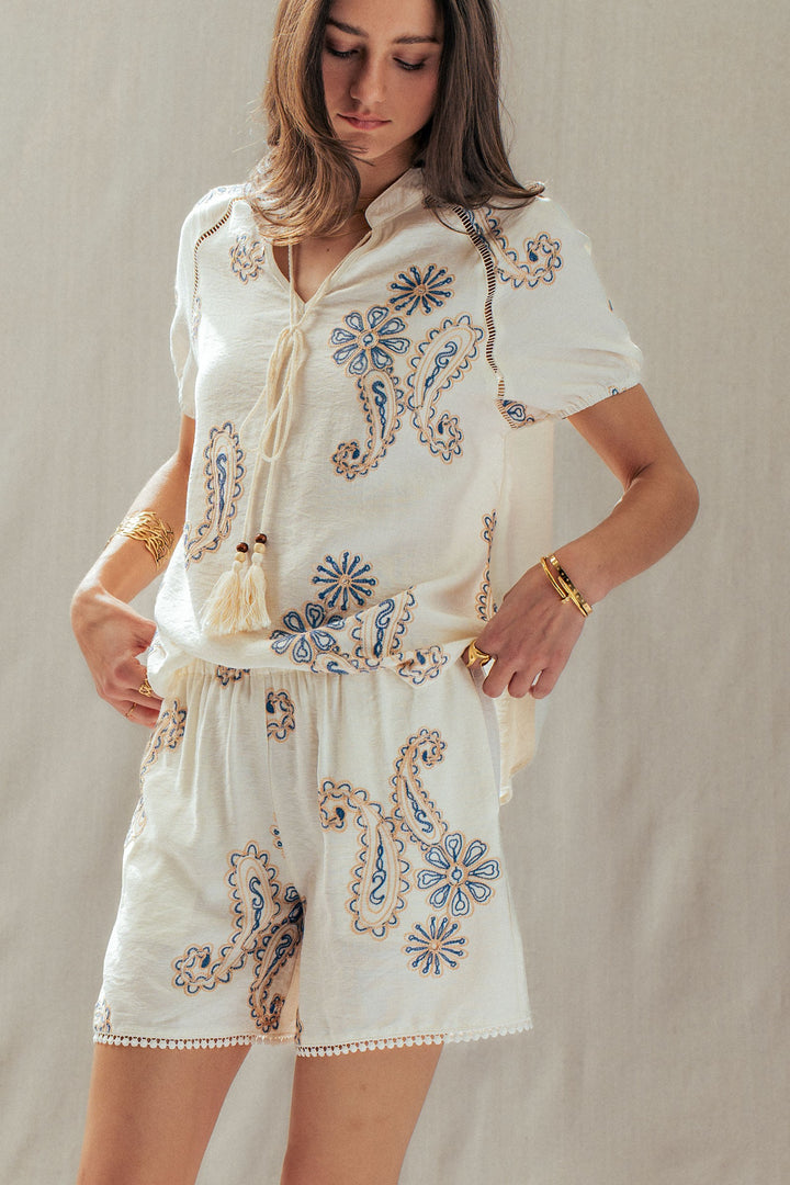 embroidered linen tassel paisley top - ivory blue (additional view)