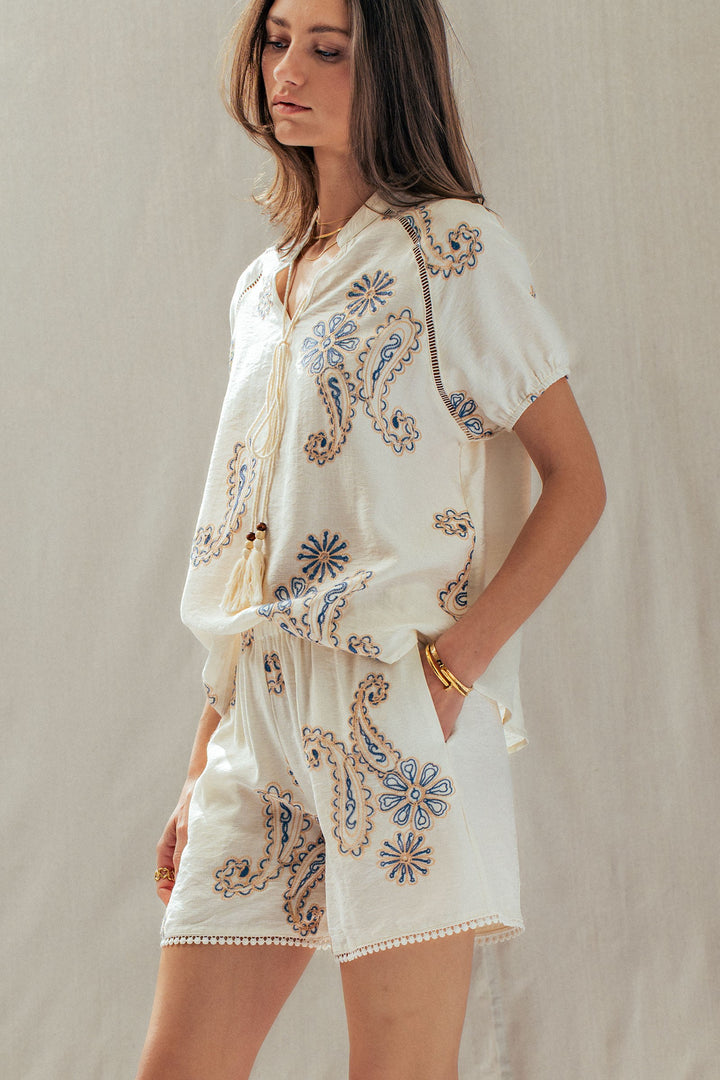 embroidered linen tassel paisley top - ivory blue (additional view)