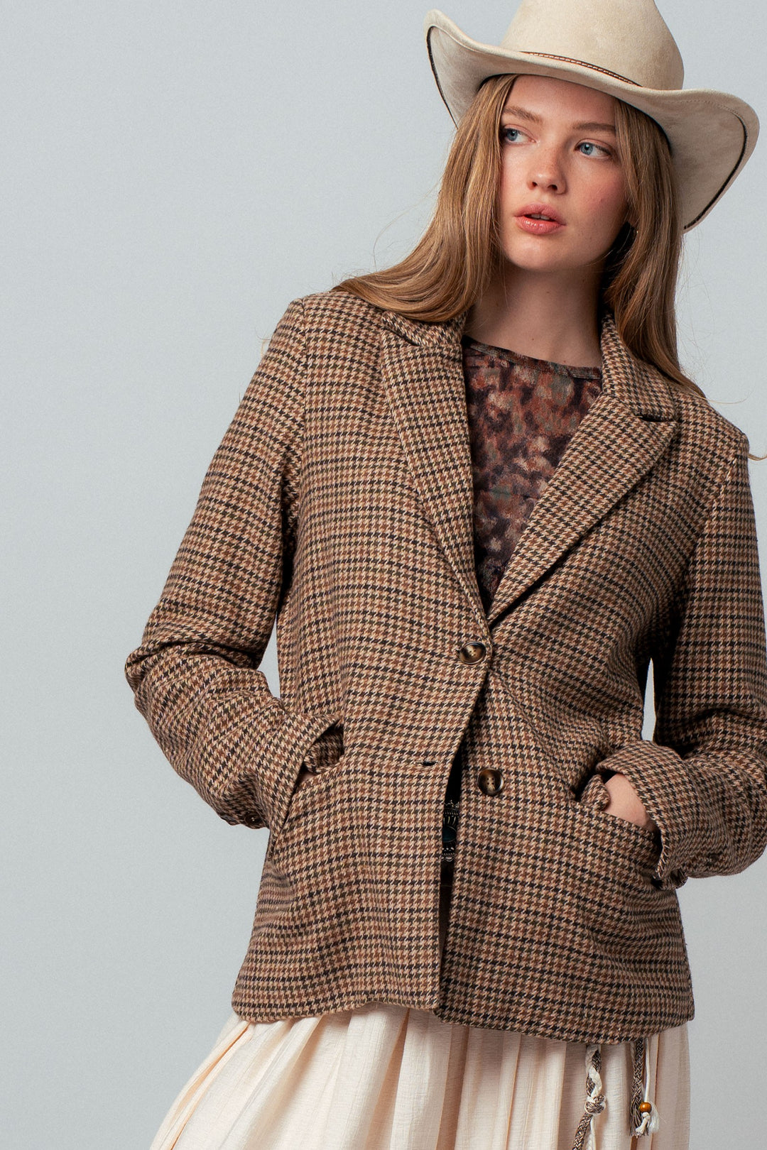 houndstooth single breasted blazer - brown