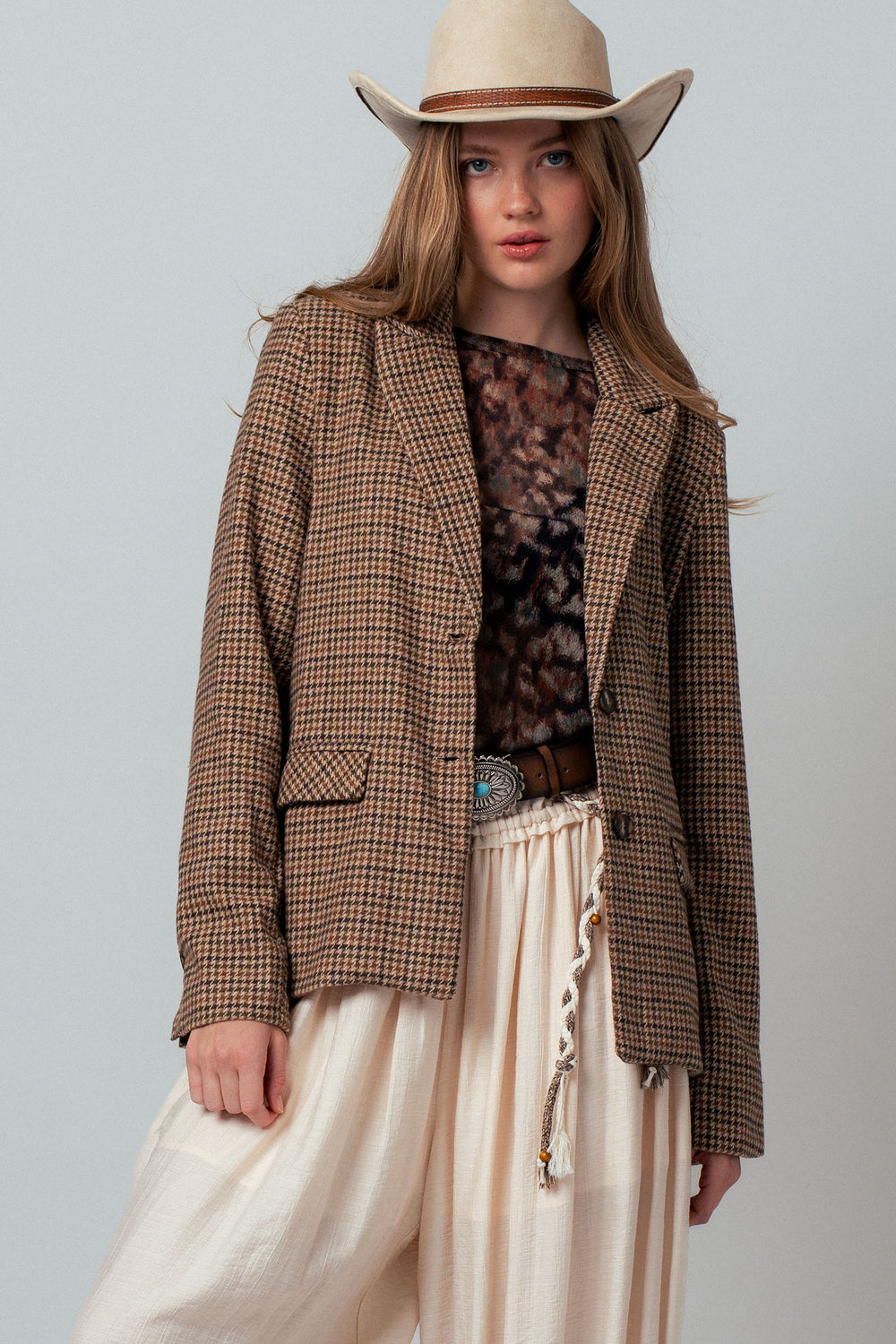 houndstooth single breasted blazer - brown (additional view)