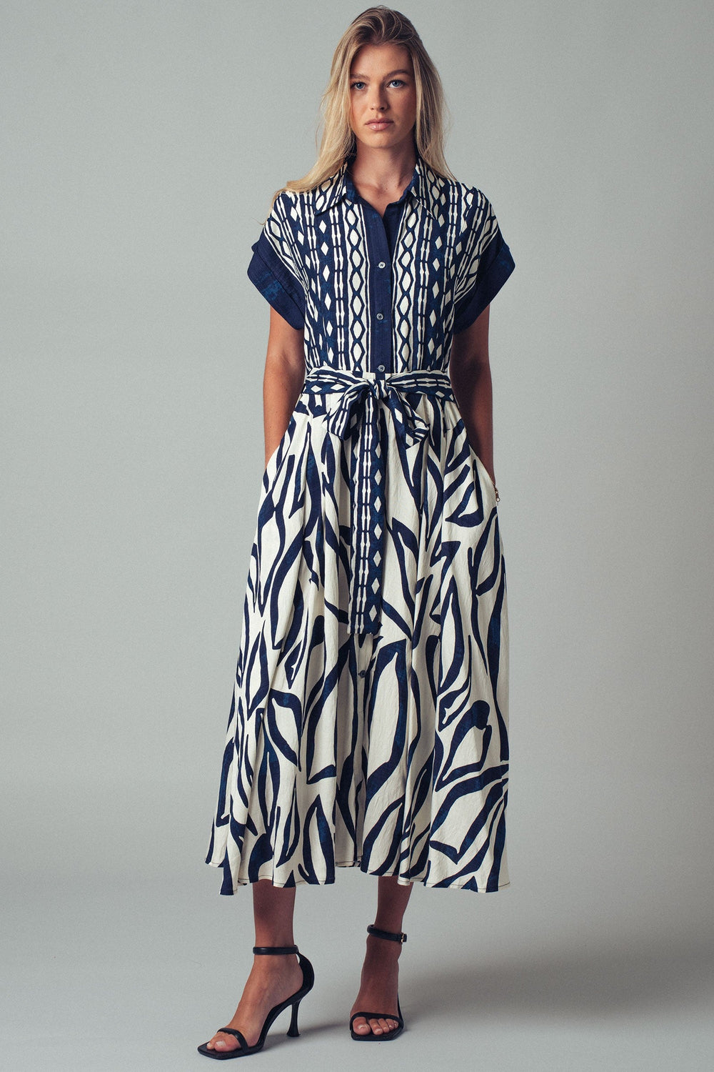 Button Down Belted Midi Dress With Abstract Print, additional view