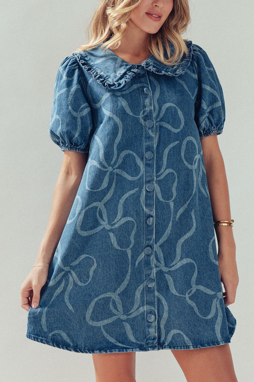 pattern denim mini dress - demim