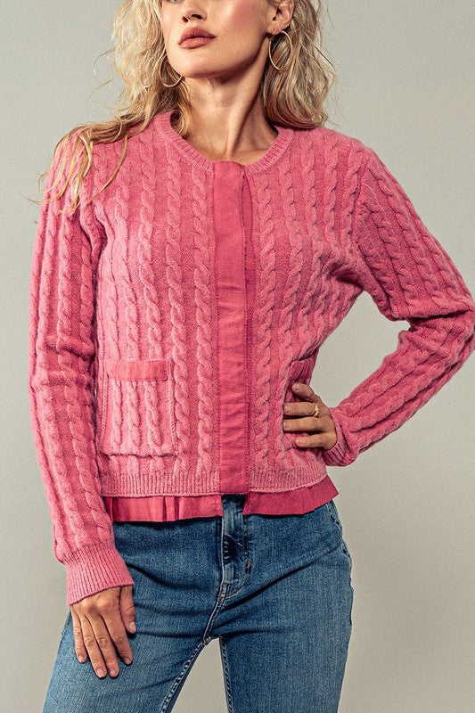 cable knit sweater cardigan w hidden snap button - default (additional view)