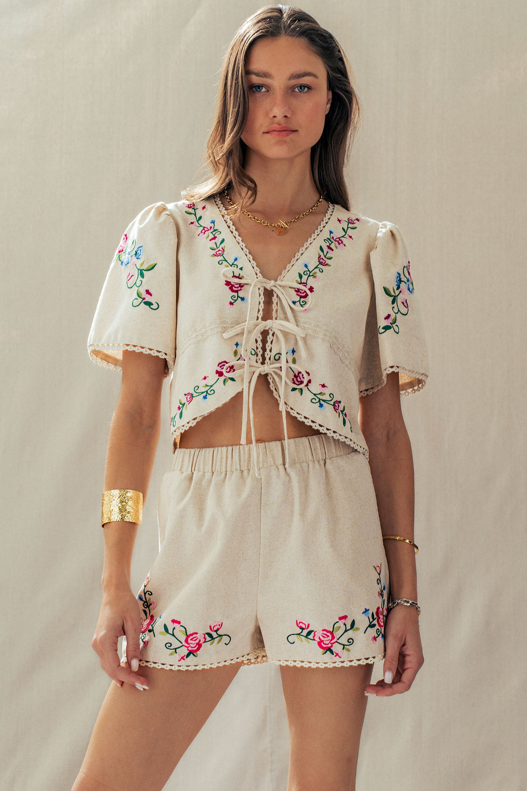 rose embroidered linen shorts - default (additional view)