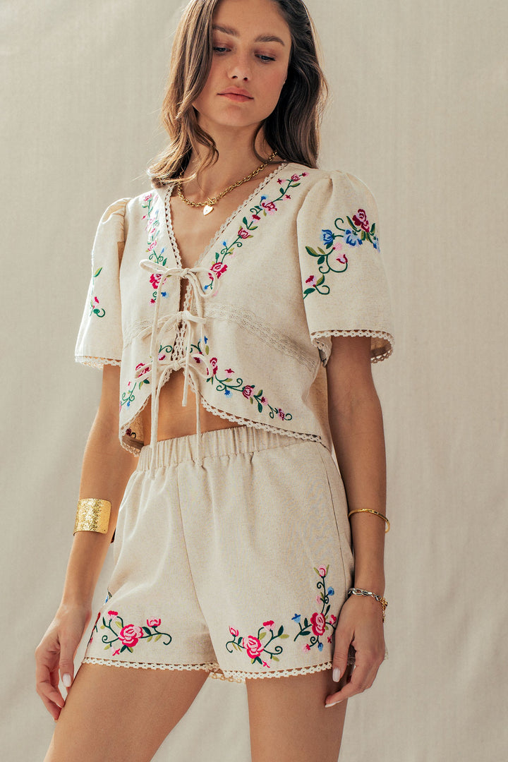 rose embroidered linen shorts - default (additional view)