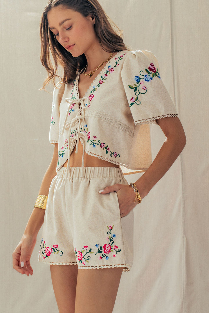 rose embroidered linen shorts - default (additional view)