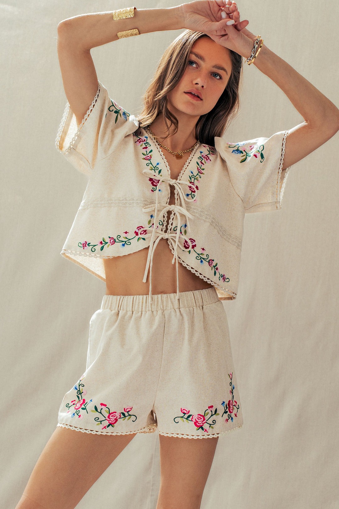 rose embroidered linen shorts - default (additional view)