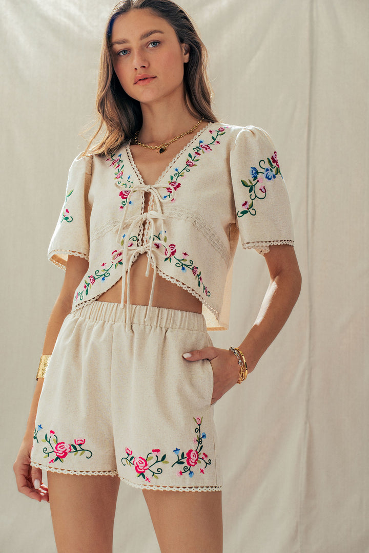 rose embroidered linen shorts - default (additional view)