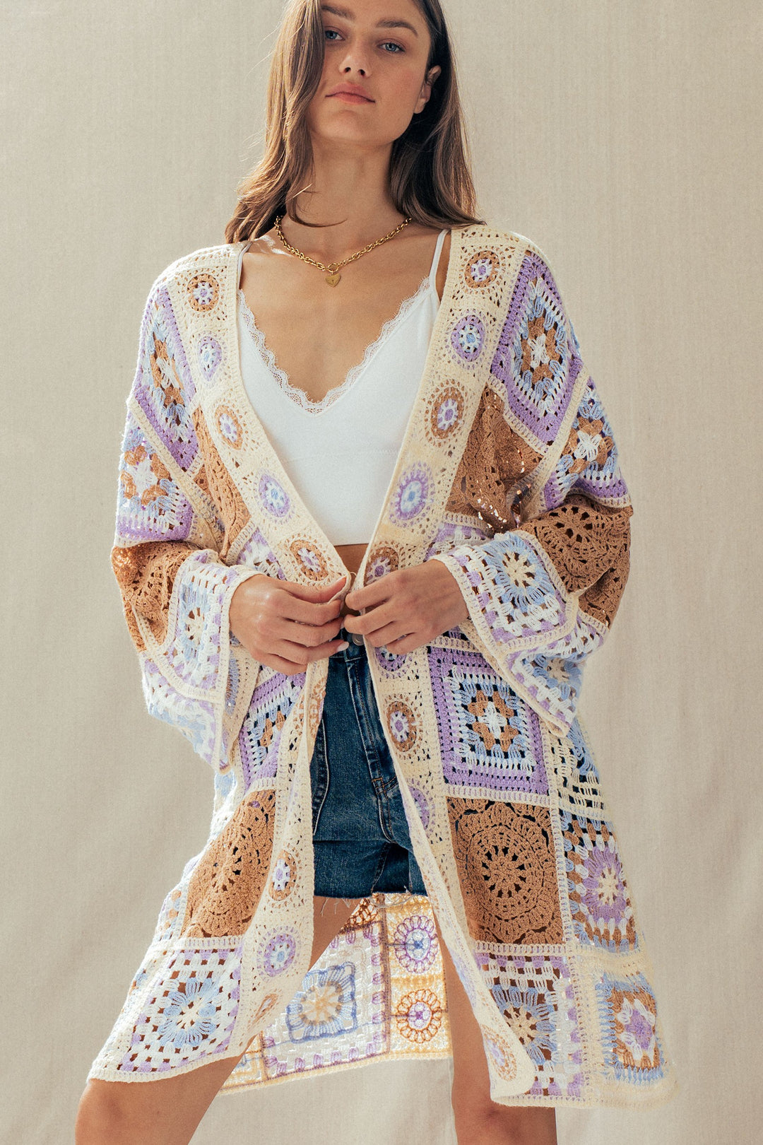 patchwork crochet long cardigan - lavender multi