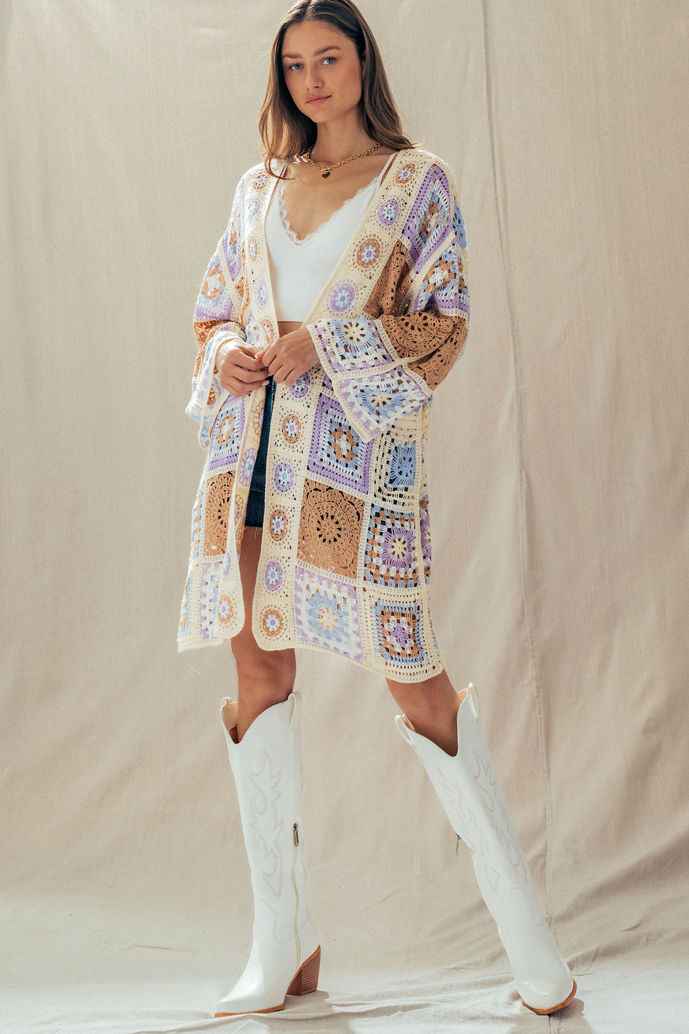 patchwork crochet long cardigan - lavender multi (additional view)