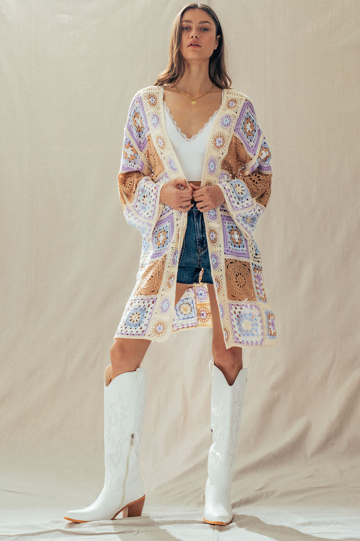 patchwork crochet long cardigan - lavender multi (additional view)