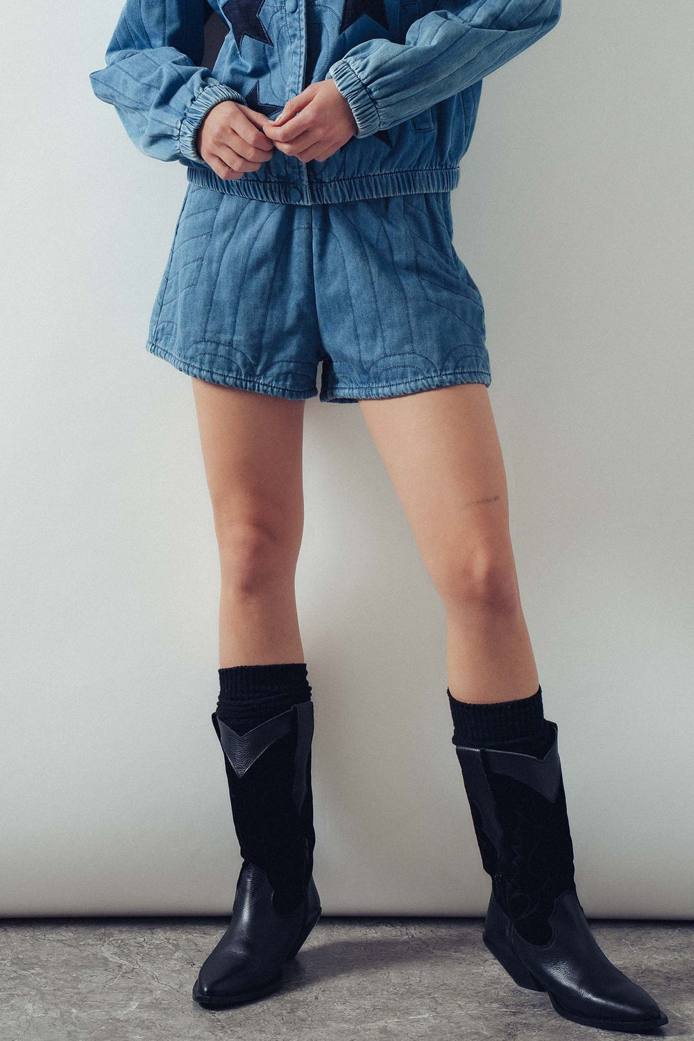 quilted high waisted denim shorts with detailing - blue (additional view)