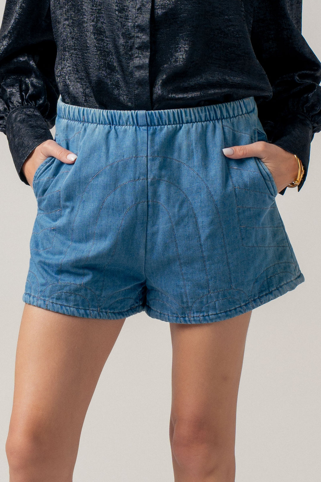 1 quilted style high waisted denim shorts - blue