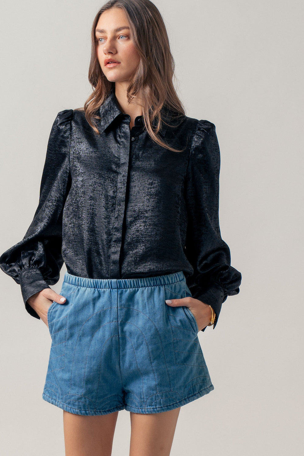 1 quilted style high waisted denim shorts - blue (additional view)
