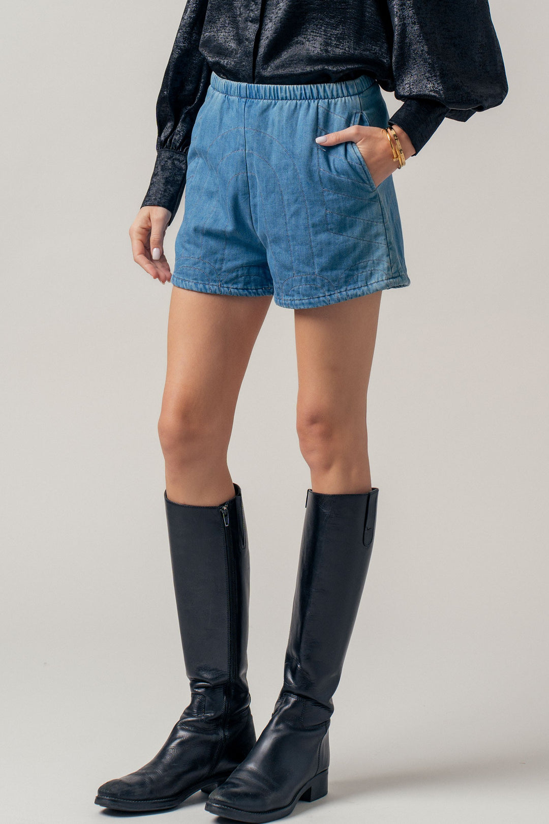 1 quilted style high waisted denim shorts - blue (additional view)