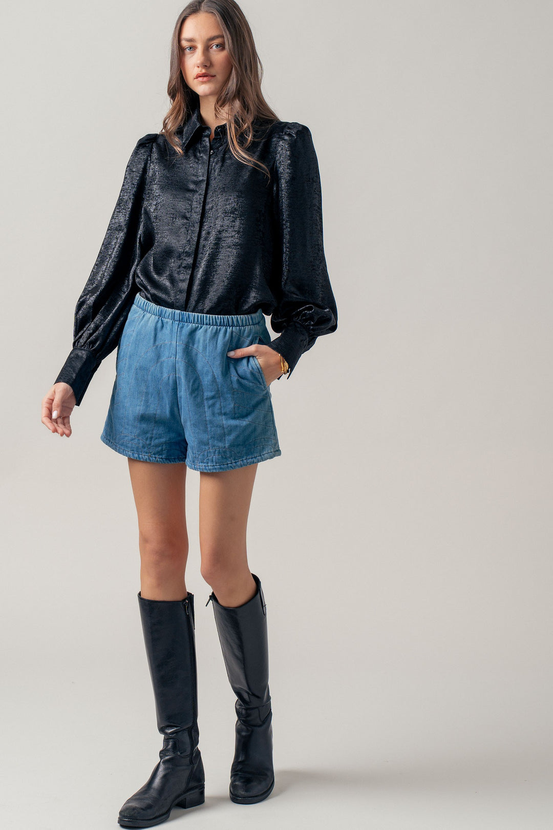 1 quilted style high waisted denim shorts - blue (additional view)