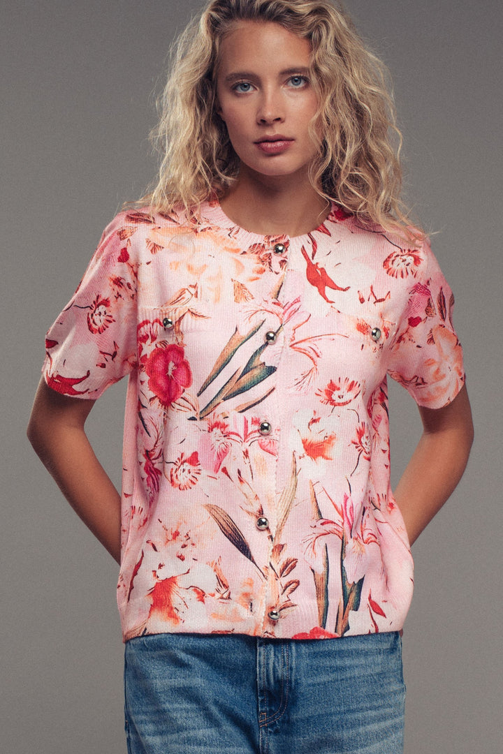 Floral Sublimation Button-Front Knit Top