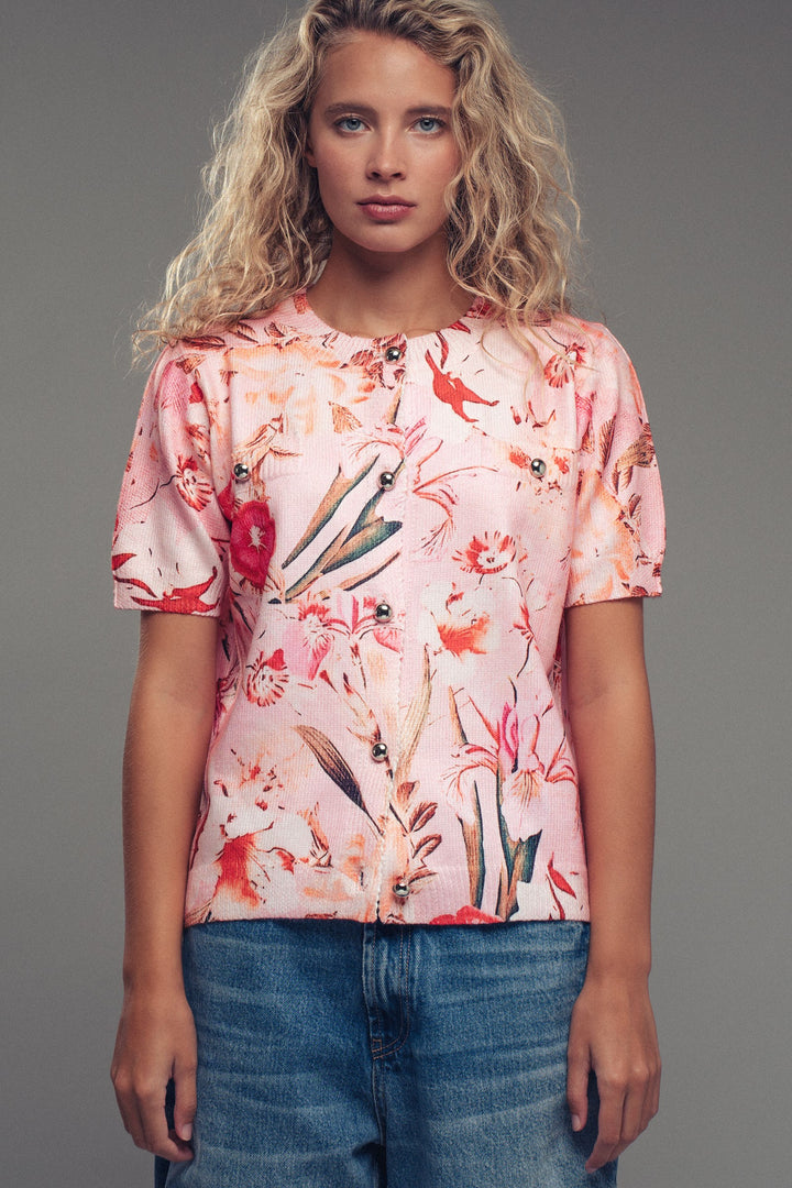 Floral Sublimation Button-Front Knit Top