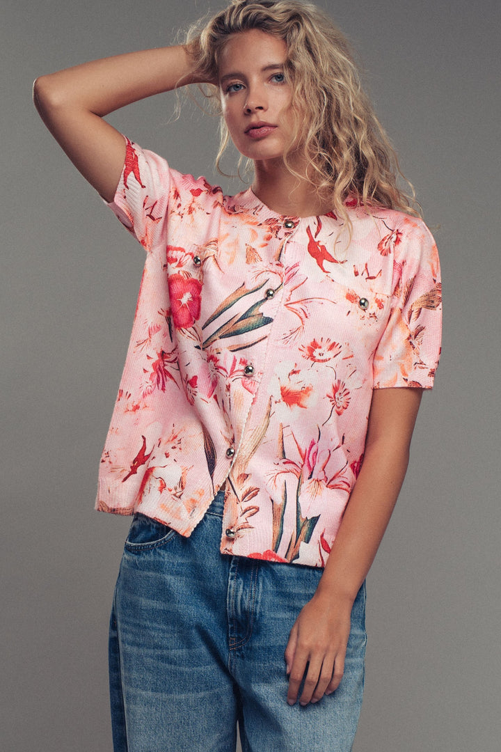 Floral Sublimation Button-Front Knit Top