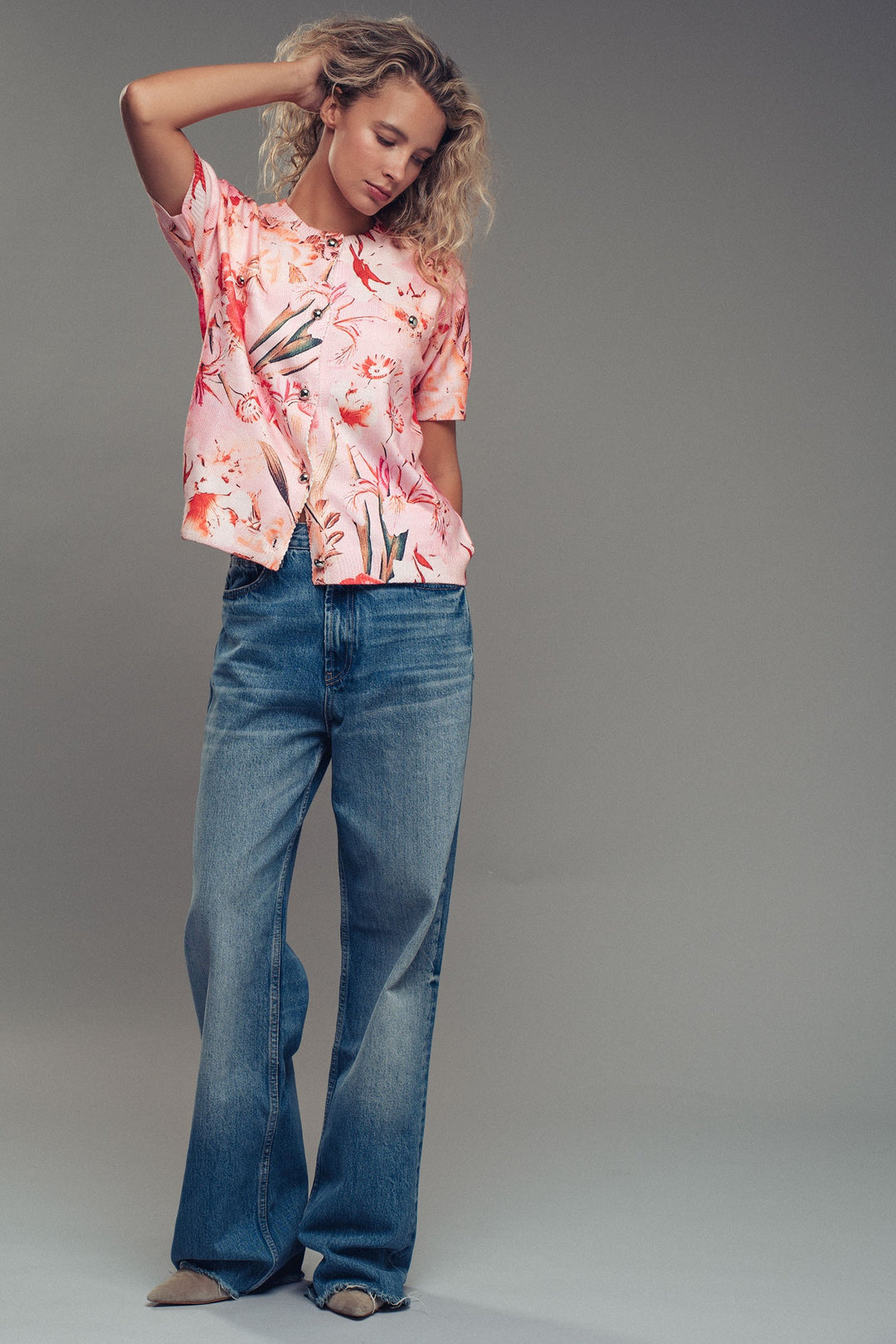 Floral Sublimation Button-Front Knit Top