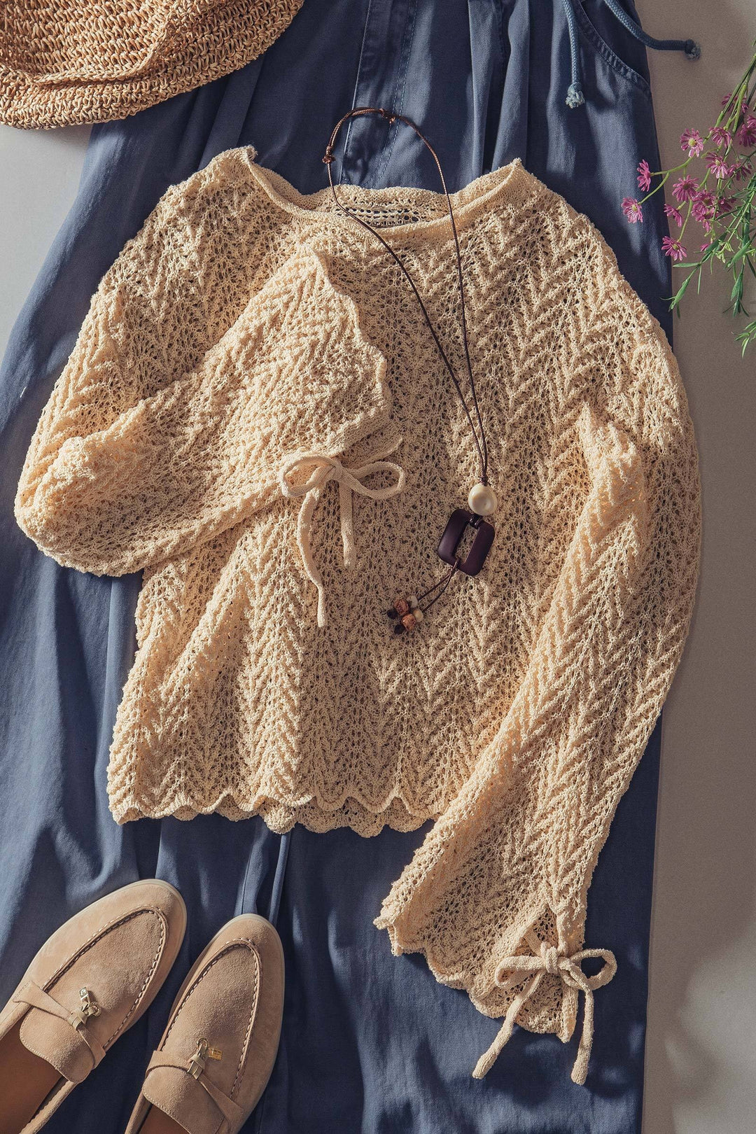 tie cuff crochet knit top - natural (additional view)