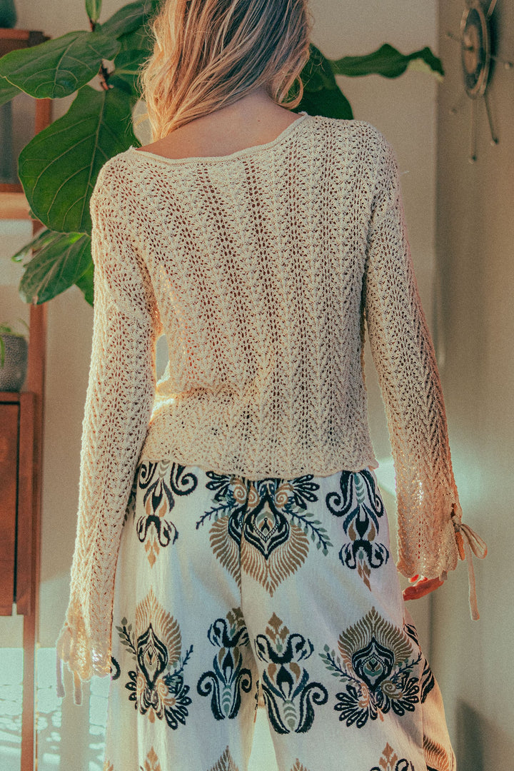 tie cuff crochet knit top - natural (additional view)