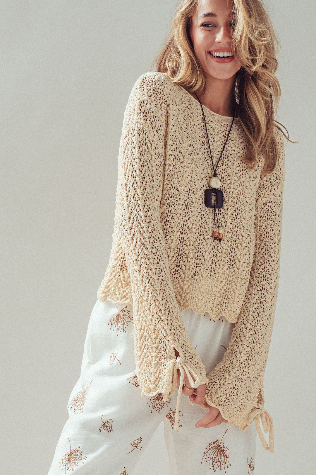 cuff crochet knit top - natural