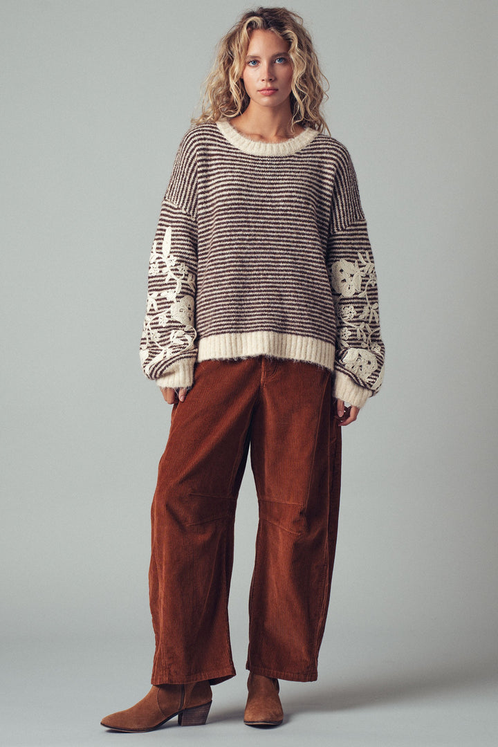 Striped Wool Blend Sweater w/Embroidered Sleeves