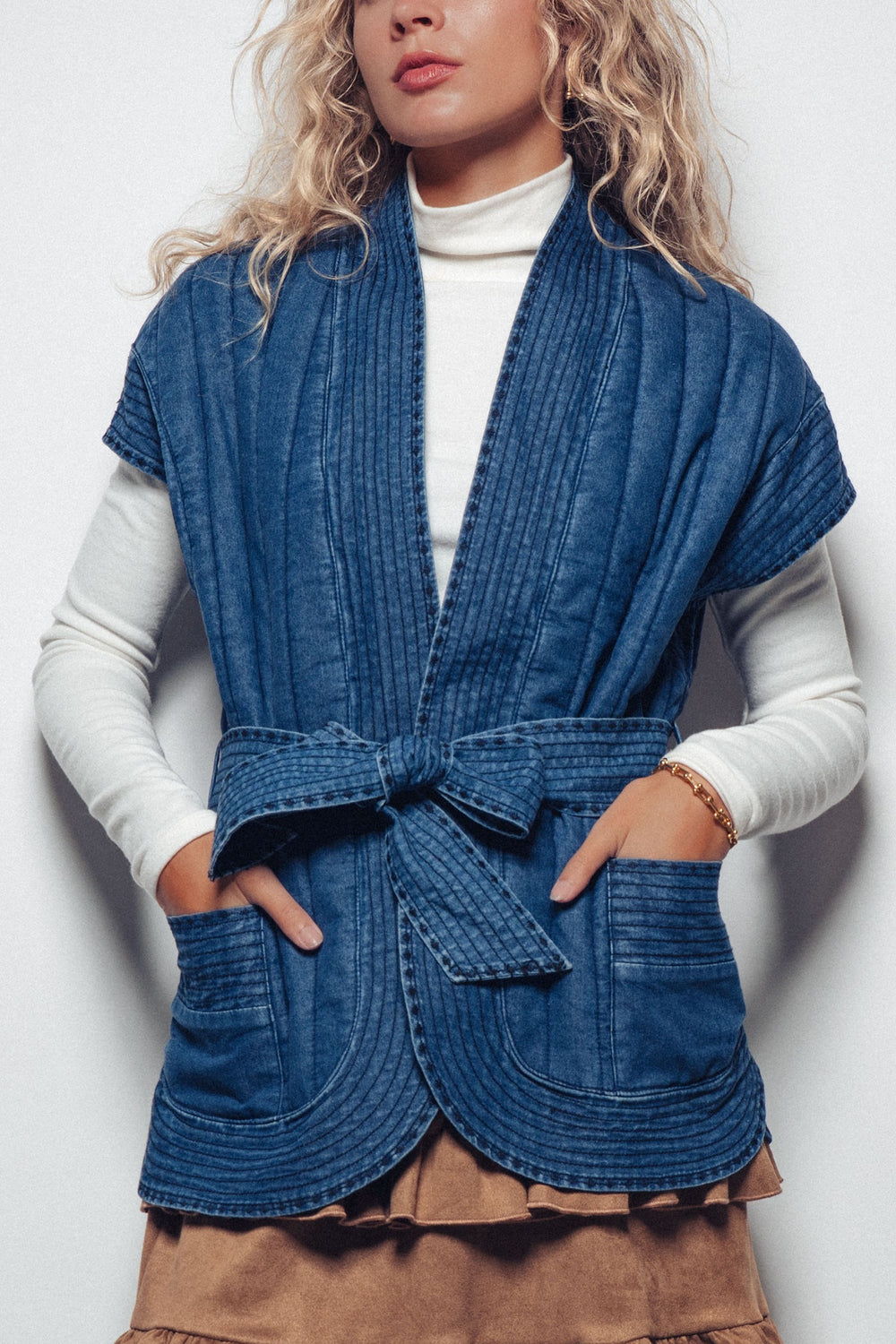 vintage washed denim vest with stitch detail - denim (additional view)