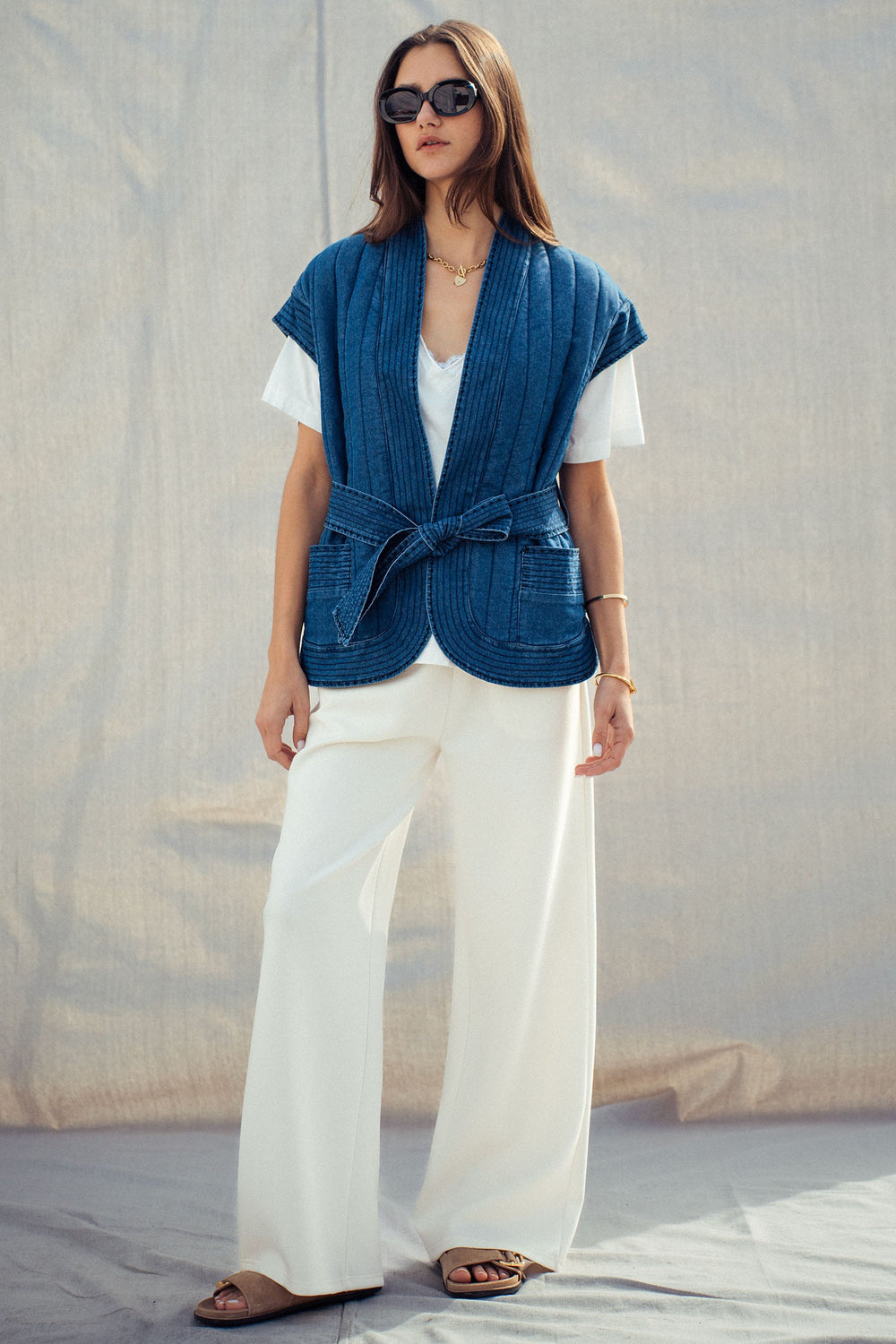 vintage washed quilted denim stitch detail vest - denim (additional view)